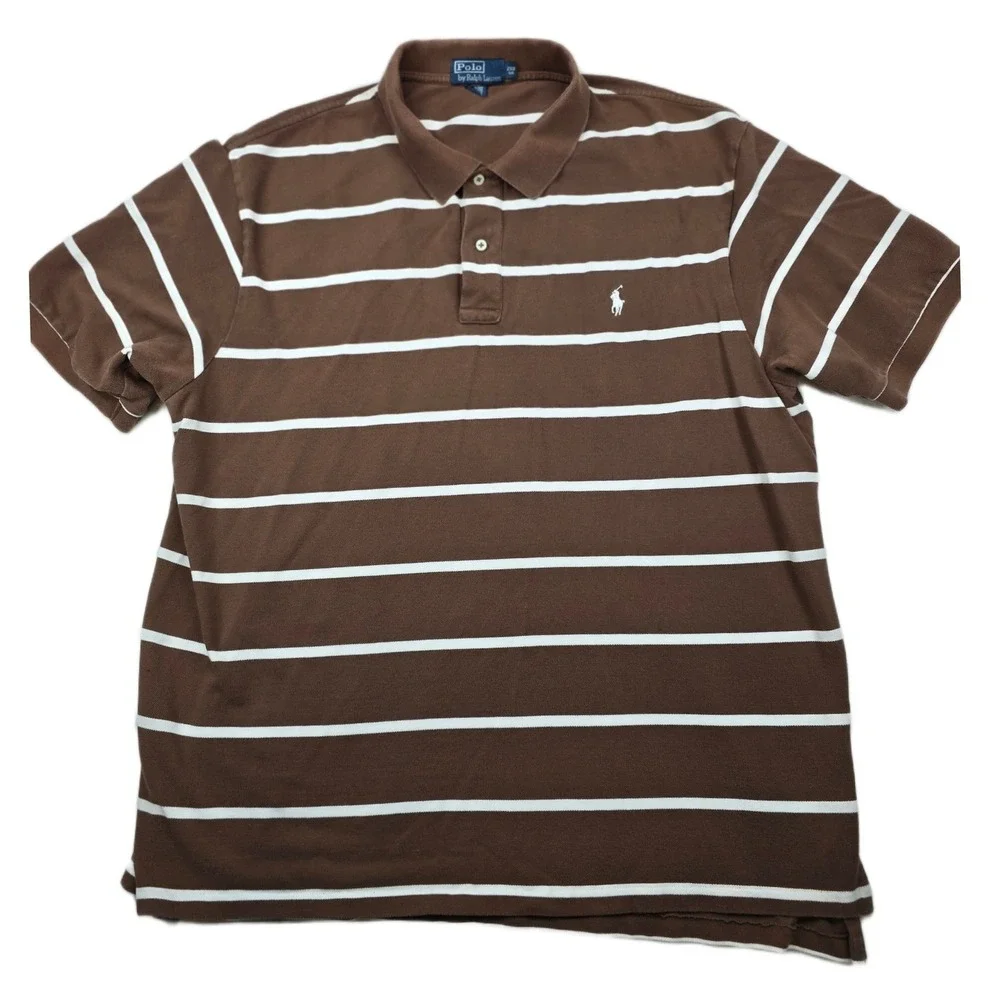 Polo Ralph Lauren Polo Shirt Mens 2XB Big Tall Brown White Striped‎ Work Chore